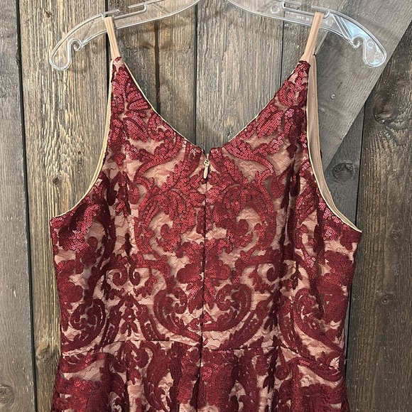 Dress the Population Blair Embellished Fit & Flare Cocktail Dress in Berry/Nude - Picture 13 of 14